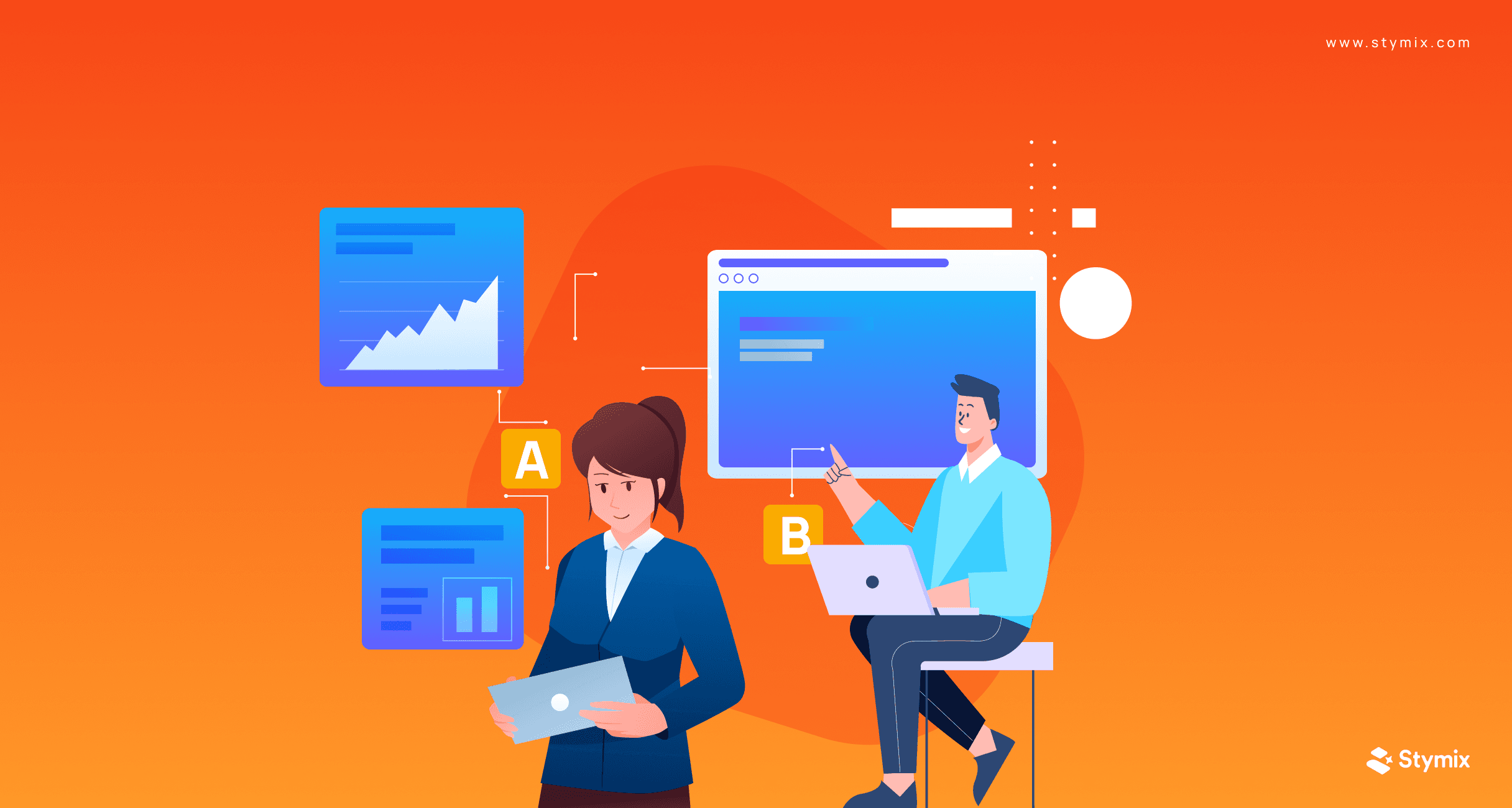 A man and a woman analyzing graphs and charts.