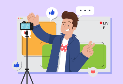 visuals of a an animated person recording on phone like an influencer