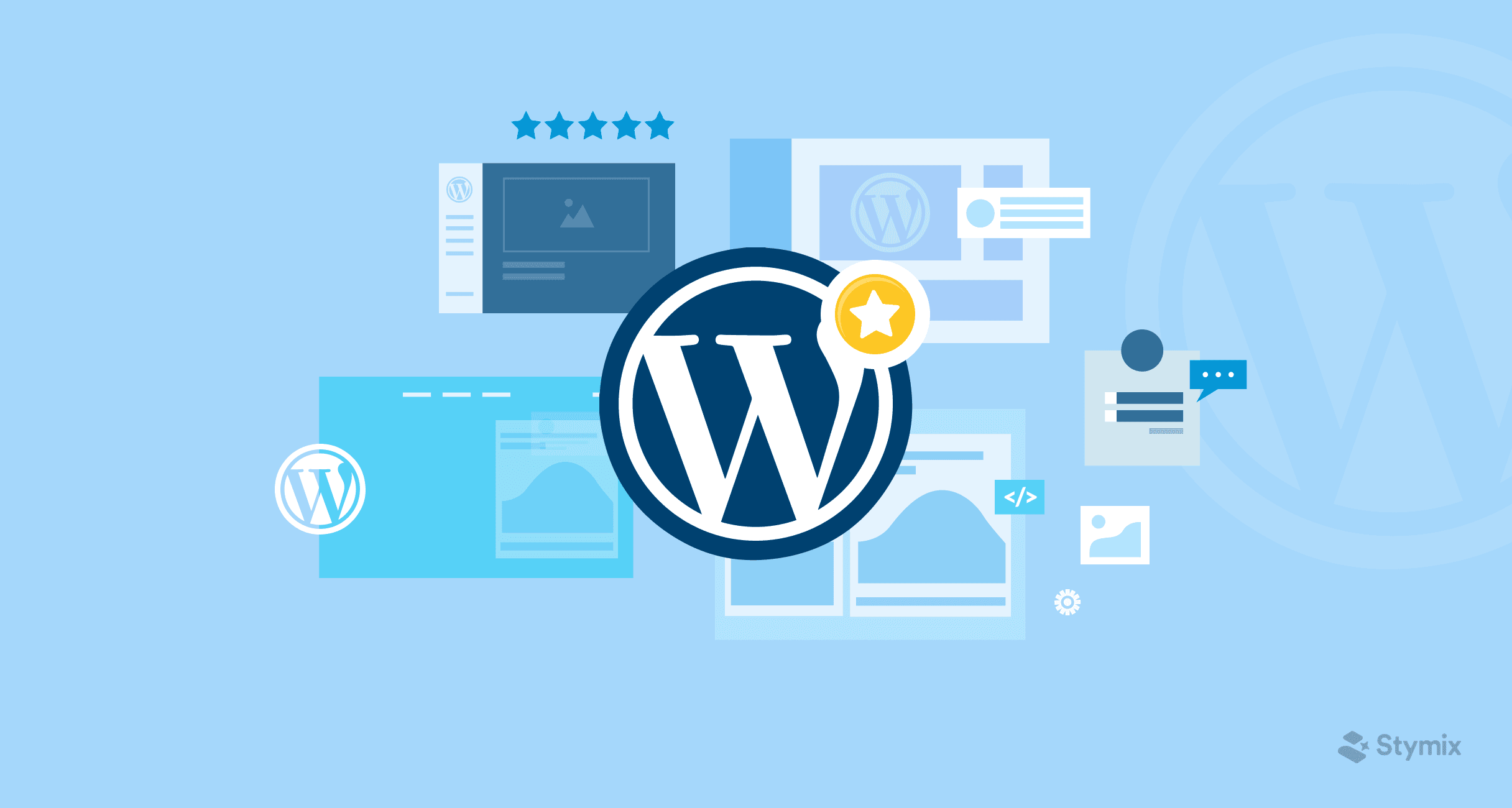 A graphics showing WordPress log at the center of websites and its elements