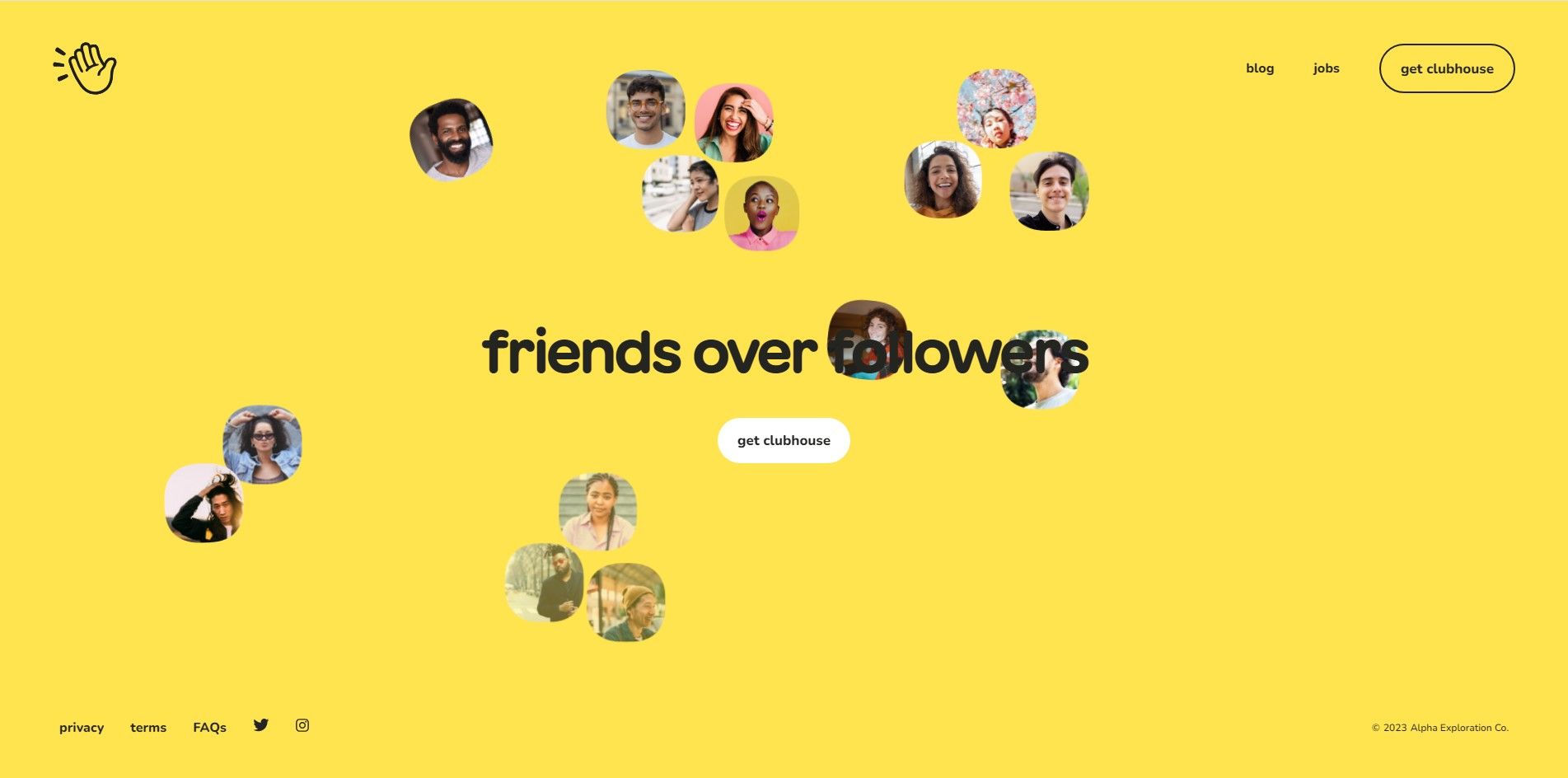 Clubhouse website screenshot features circular images of users floating on over a solid yellow background.